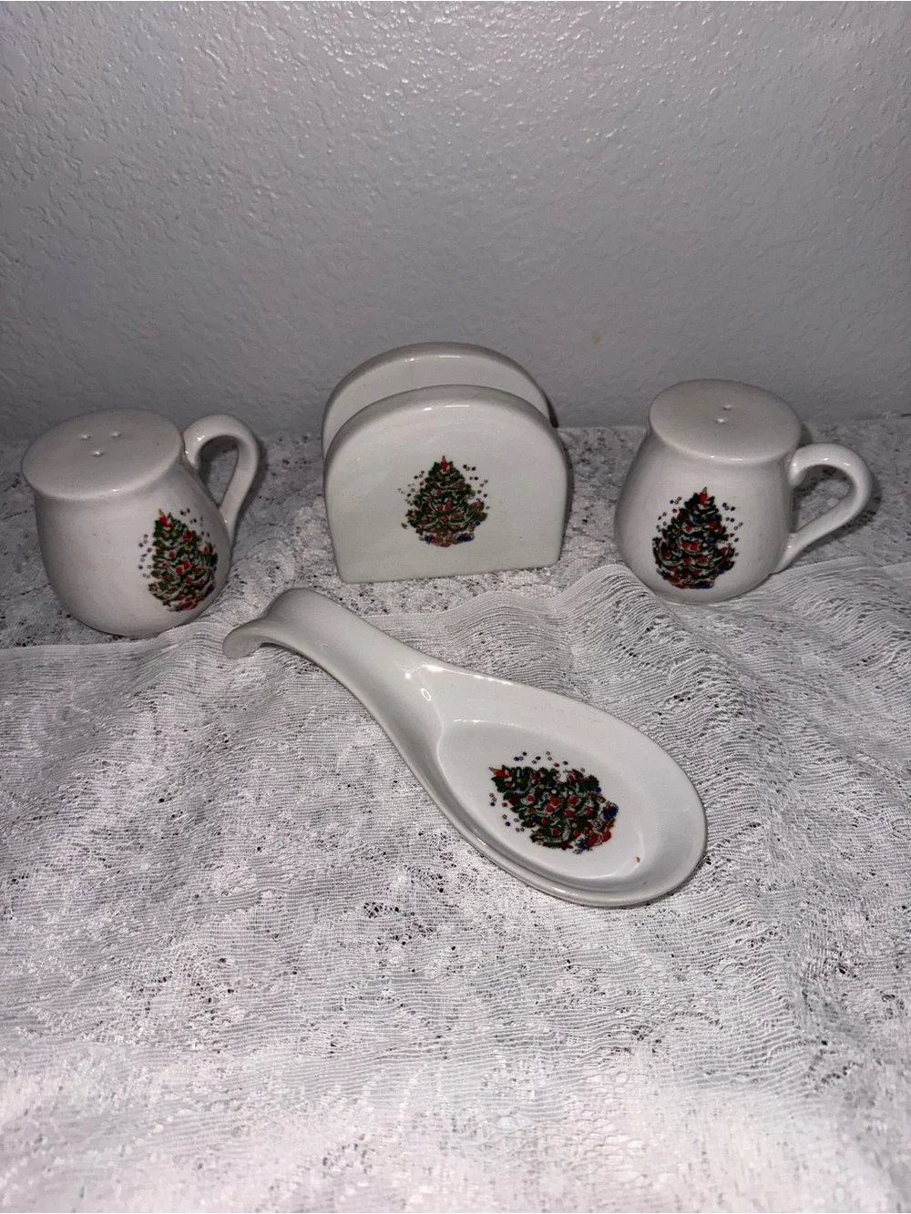 Vintage White Ceramic Holiday Tree Spoon Rest and Condiment Set